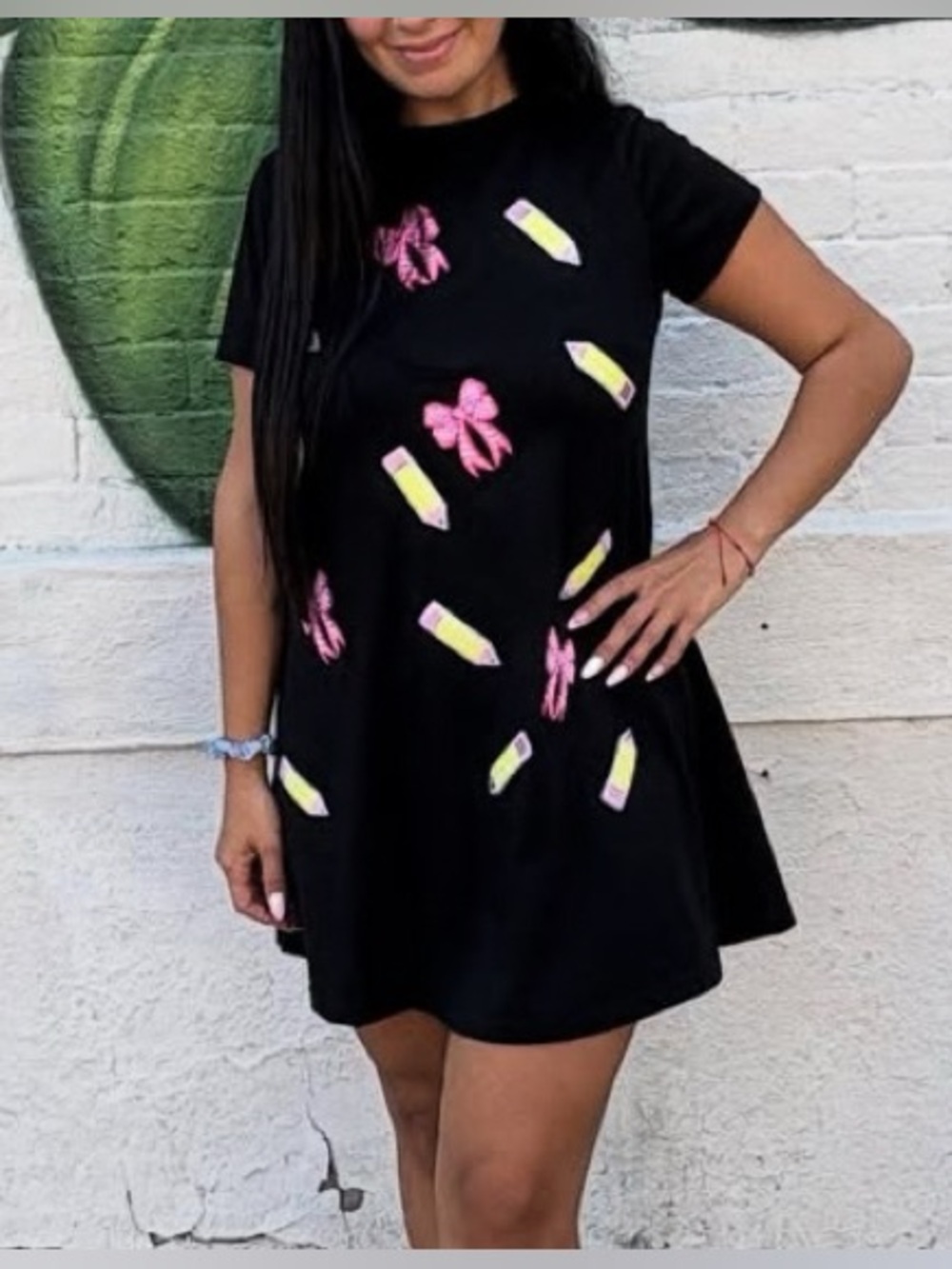 Black Dress with Pink Bow & Yellow Pencil patches